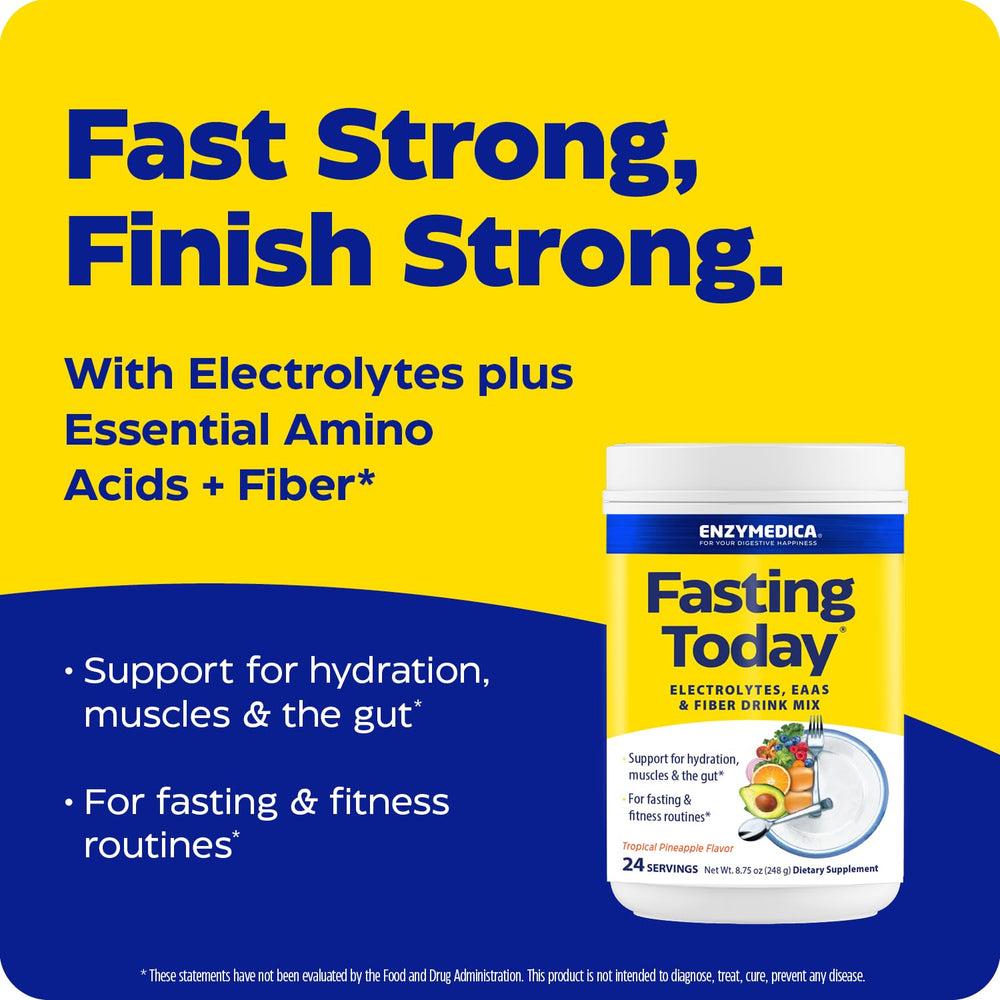 Glass of pineapple-flavored Enzymedica Fasting Today drink shown for refreshing hydration.