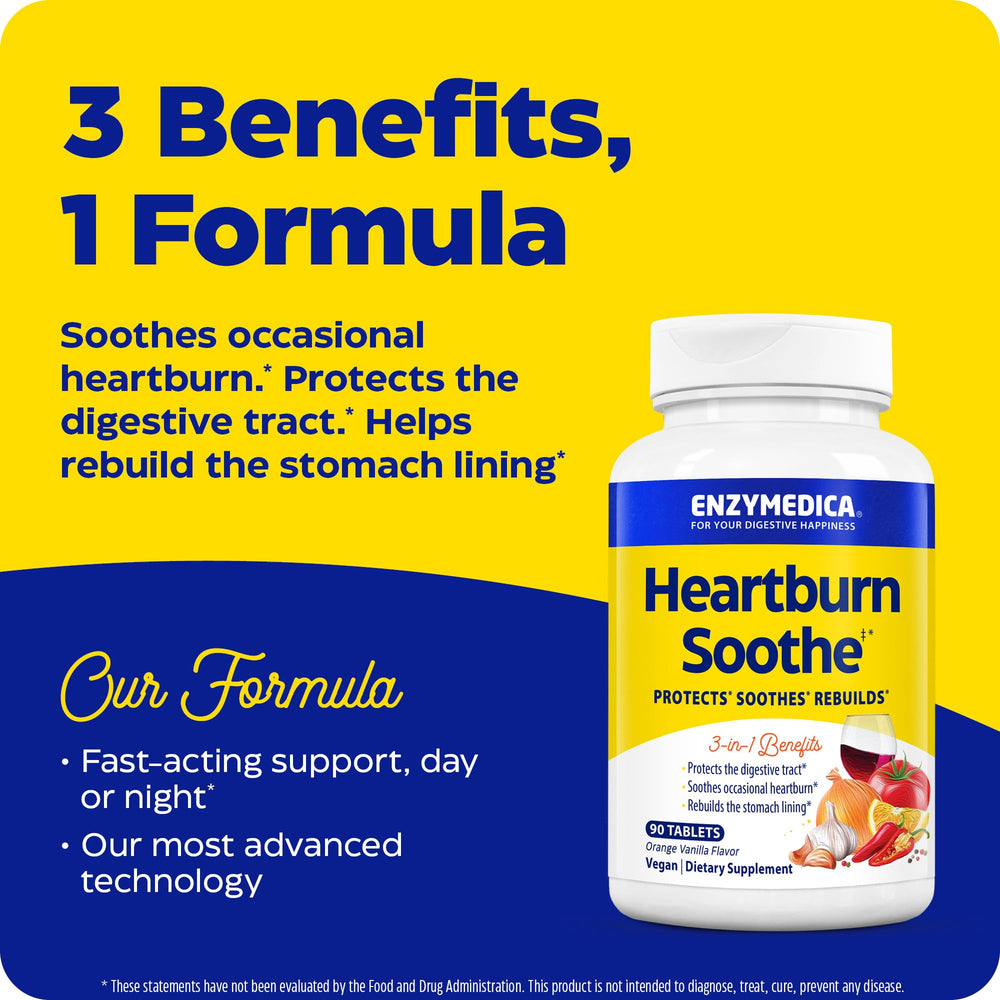 Close-up of Enzymedica Heartburn Soothe tablet in orange vanilla flavor
