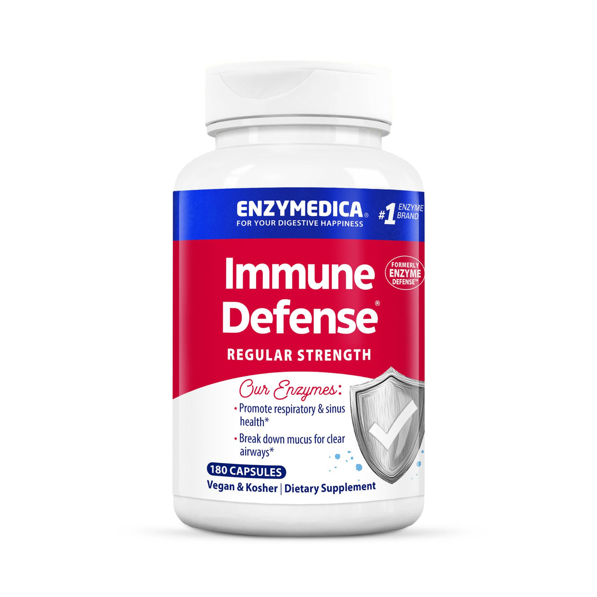 Enzymedica Immune Defense bottle close-up signals daily immune support and easy supplementation.