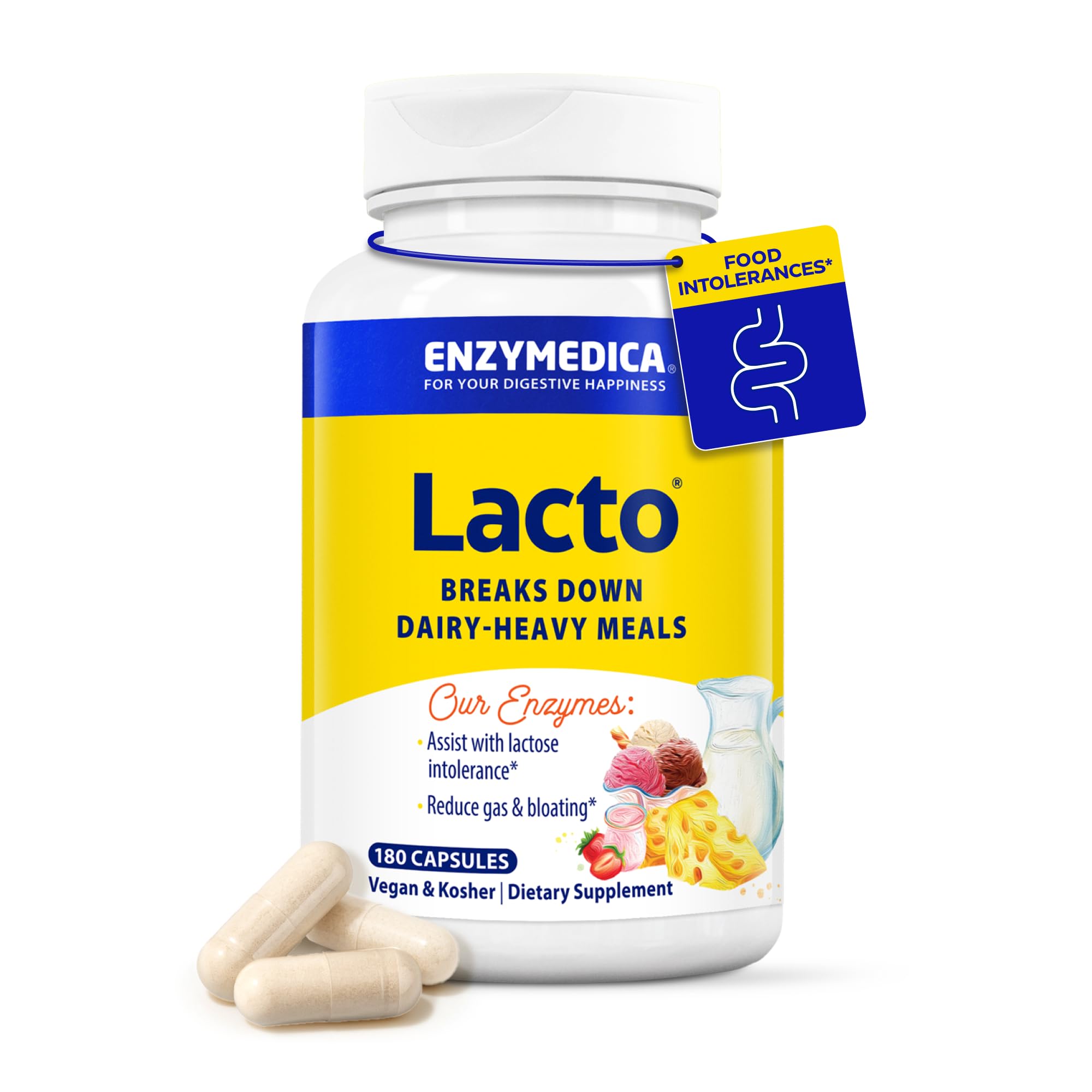 Enzymedica Lacto bottle pouring capsules supports dairy digestion after meals.