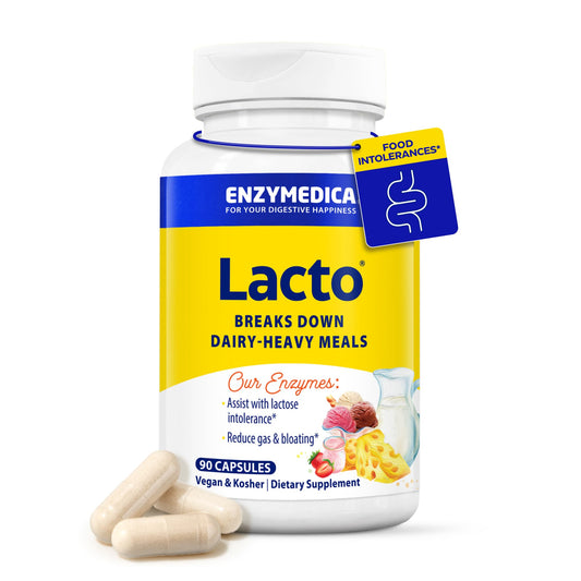 Enzymedica Lacto capsules on blister pack for lactose support during meals.
