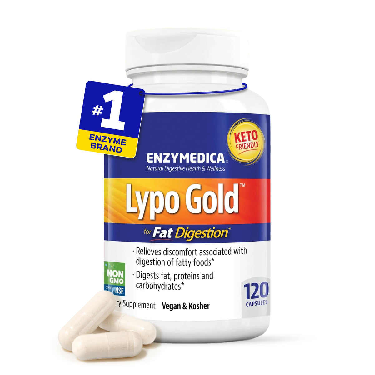 Enzymedica Lypo Gold bottle front highlighting lipase potency for fat digestion