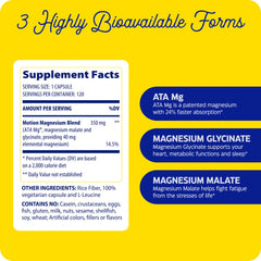 Enzymedica Magnesium Motion capsules closeup highlights Glycinate and Malate forms