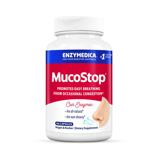 Enzymedica MucoStop bottle front with mucus-relief enzyme blend.