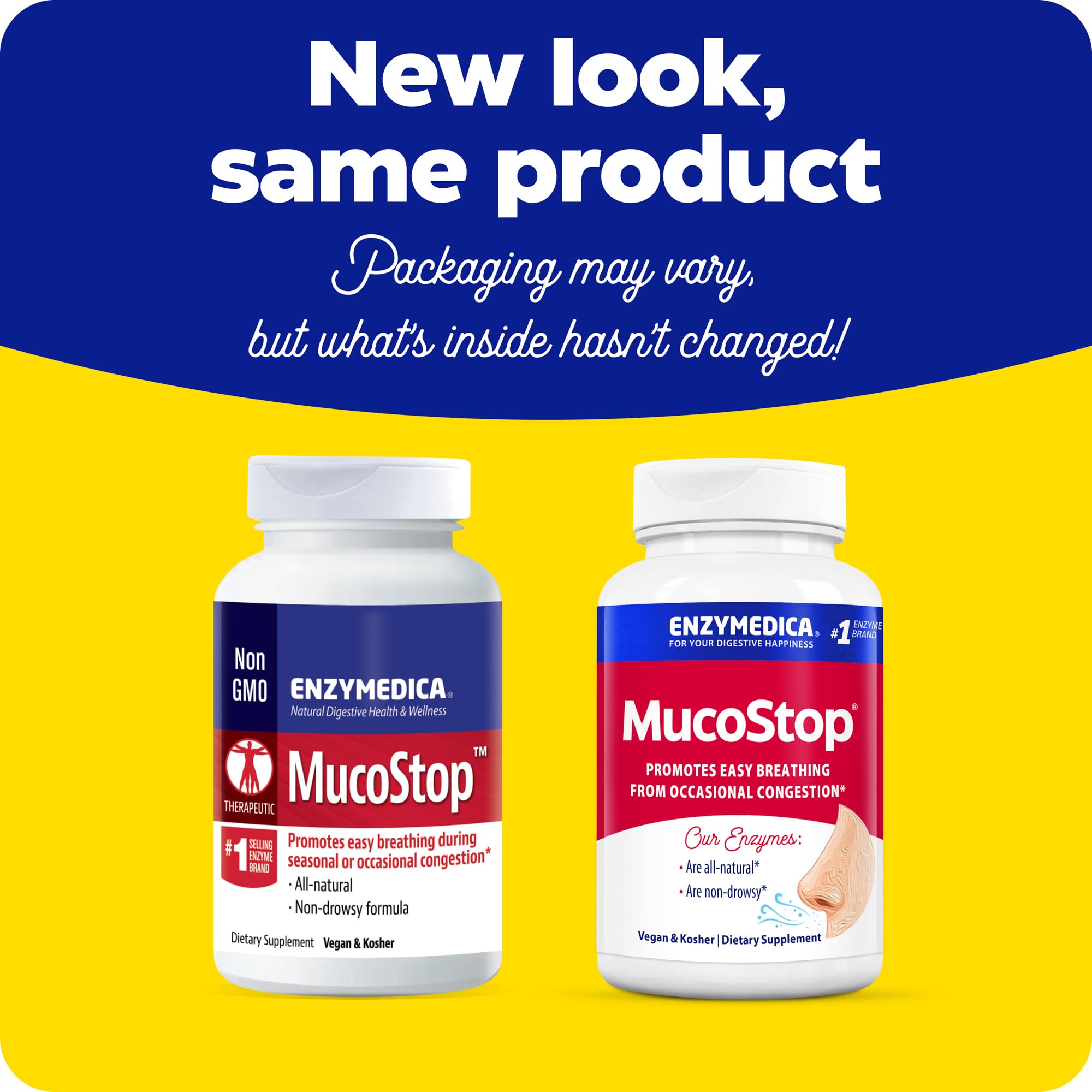 Enzymedica MucoStop logo on the box reinforces trusted natural relief option.