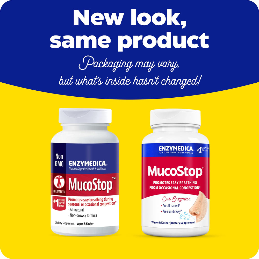 Enzymedica MucoStop logo on the box reinforces trusted natural relief option.