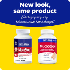 Enzymedica MucoStop logo on the box reinforces trusted natural relief option.