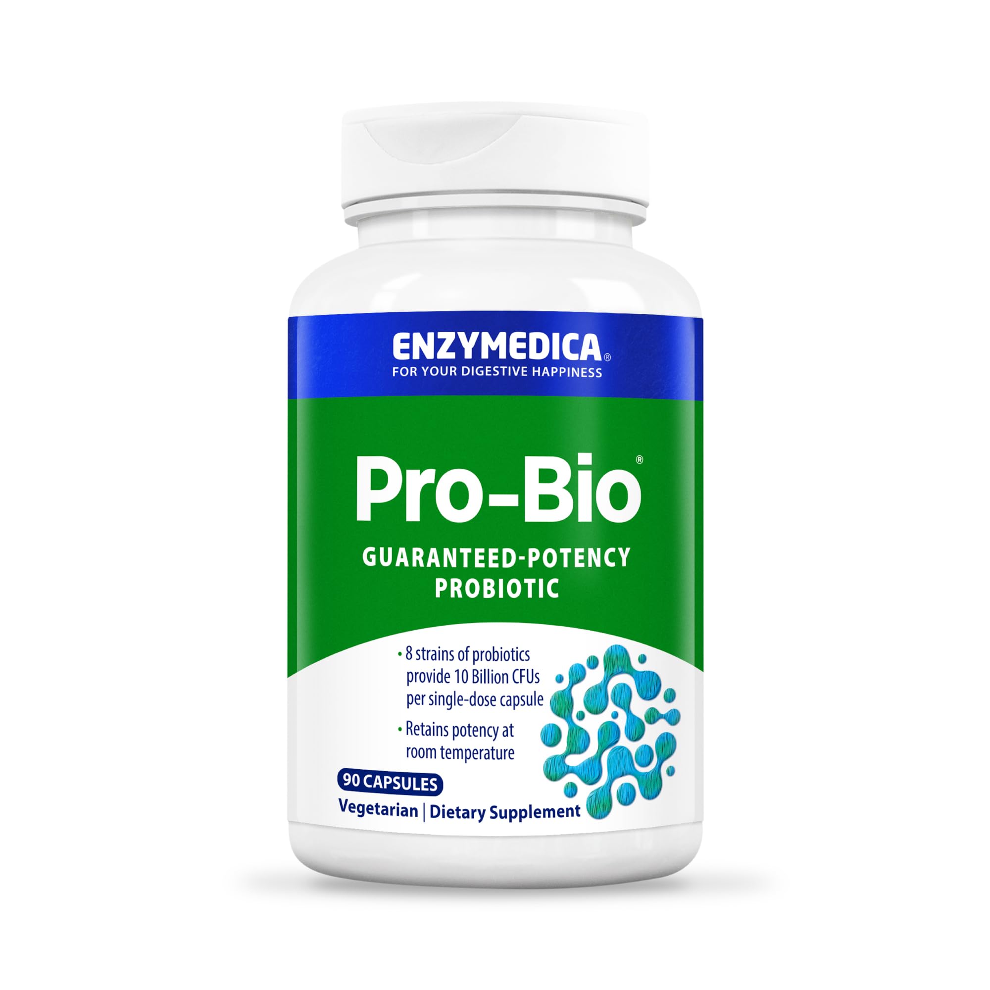 Enzymedica Pro-Bio bottle shows shelf-stable probiotic packaging for convenient use.