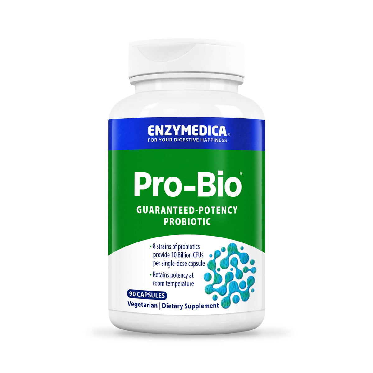 Enzymedica Pro-Bio bottle shows shelf-stable probiotic packaging for convenient use.
