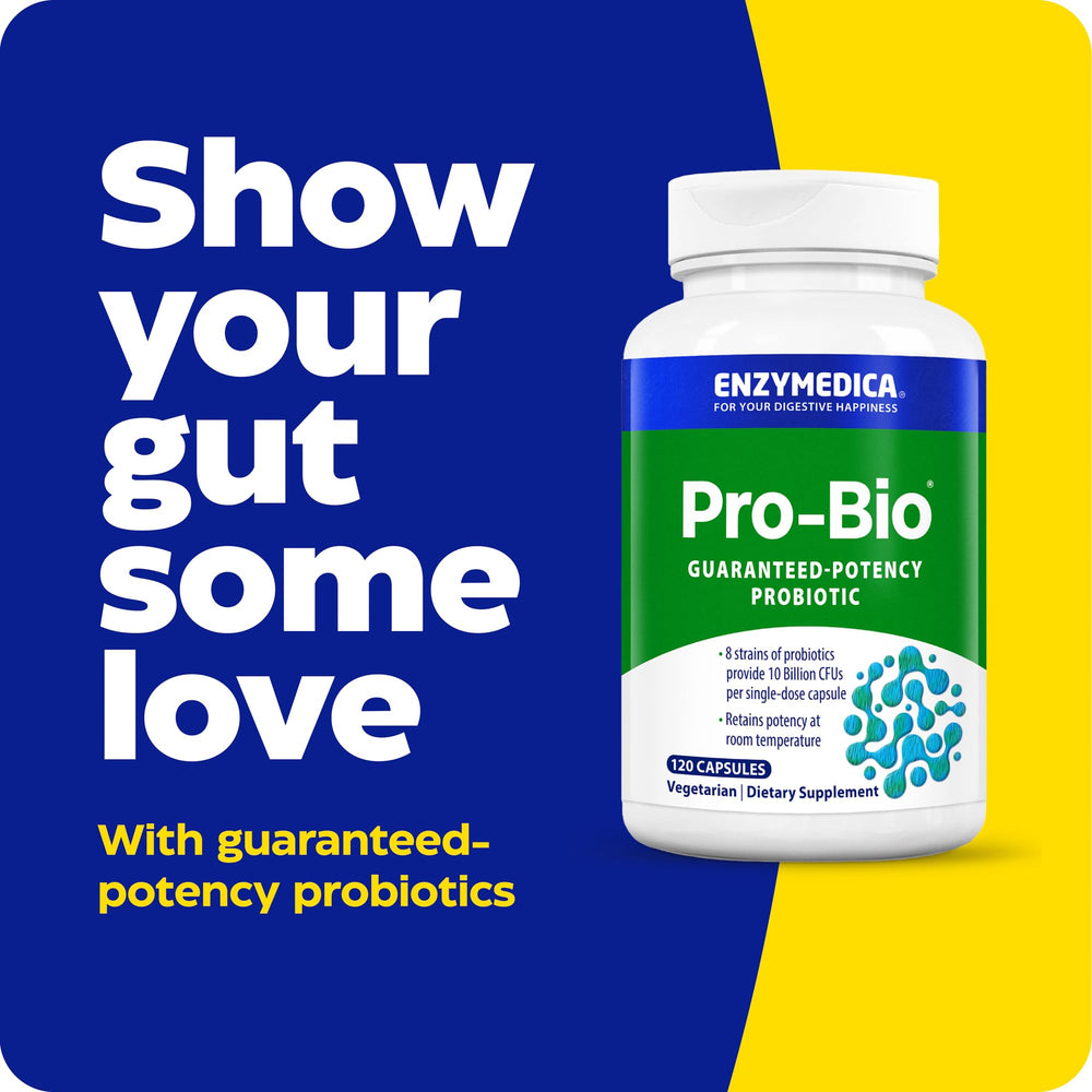 Enzymedica Pro-Bio capsules close-up highlighting multi-strain probiotic formula.
