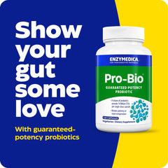 Enzymedica Pro-Bio capsules close-up highlighting multi-strain probiotic formula.