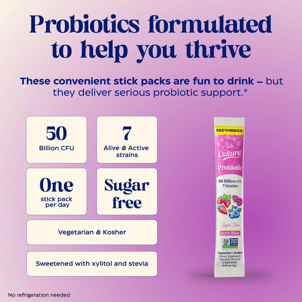 Enzymedica SubCulture Berry Blast bottle label highlighting sugar-free formulation.