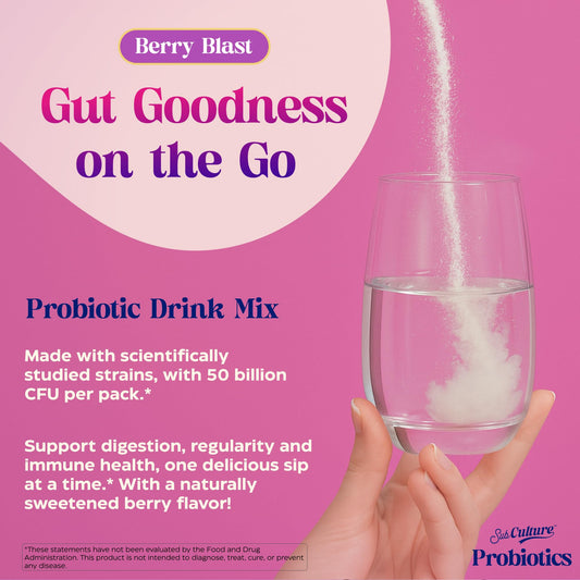 Enzymedica SubCulture Berry Blast dissolved in water showcasing 50B CFU for gut health.