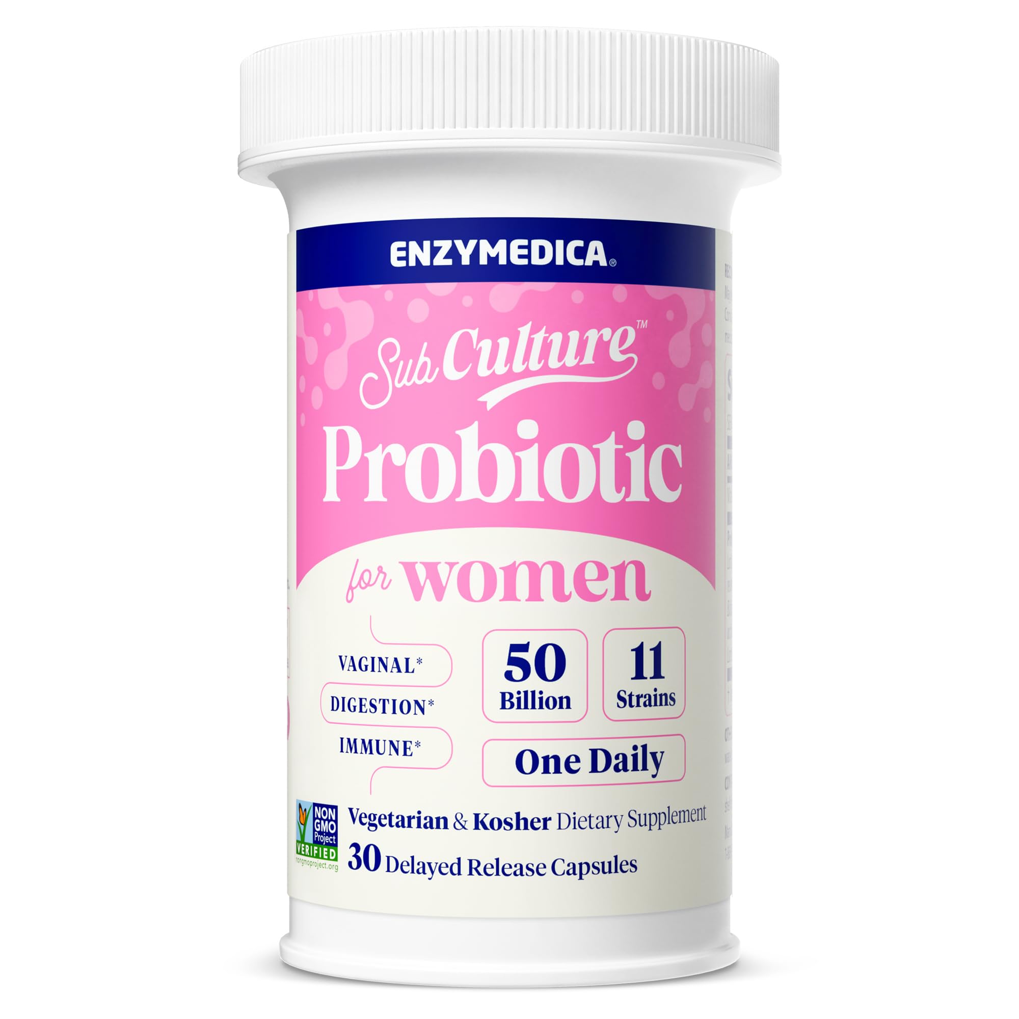 Enzymedica SubCulture Probiotics for Women bottle supports daily urinary and vaginal health.
