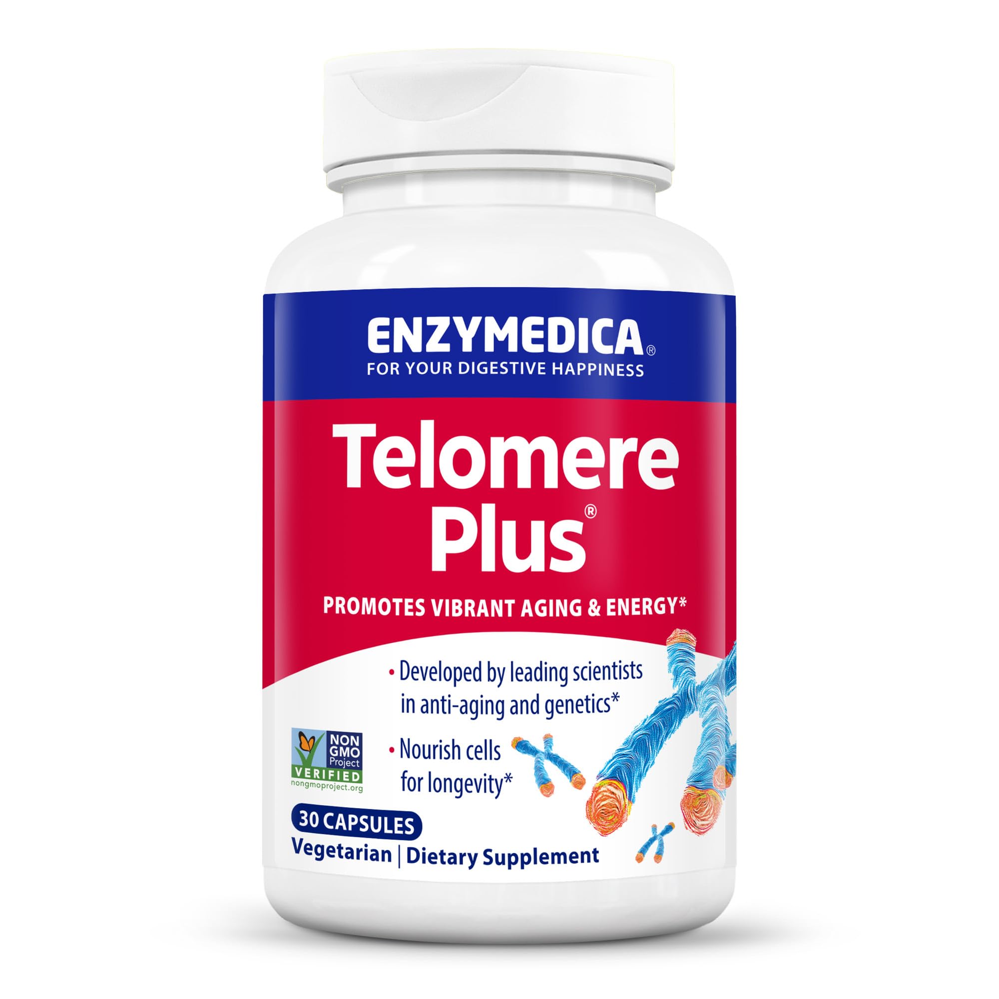 Enzymedica Telomere Plus bottle on a clean countertop for daily wellness.