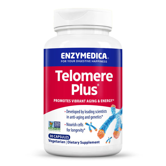 Enzymedica Telomere Plus bottle on a clean countertop for daily wellness.