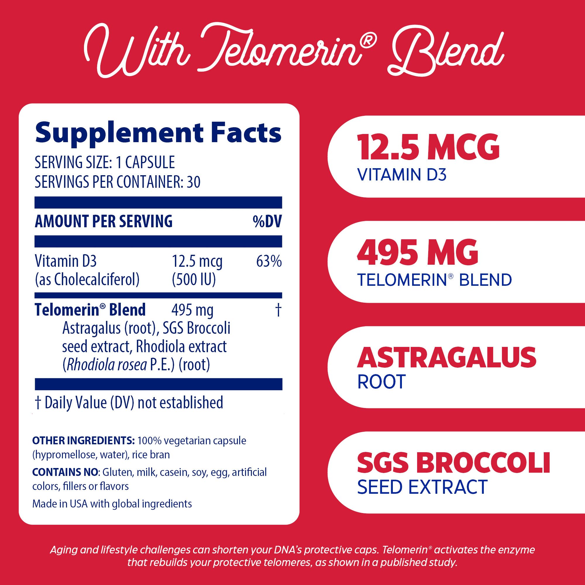 Close detail of Enzymedica Telomere Plus label and ingredients.