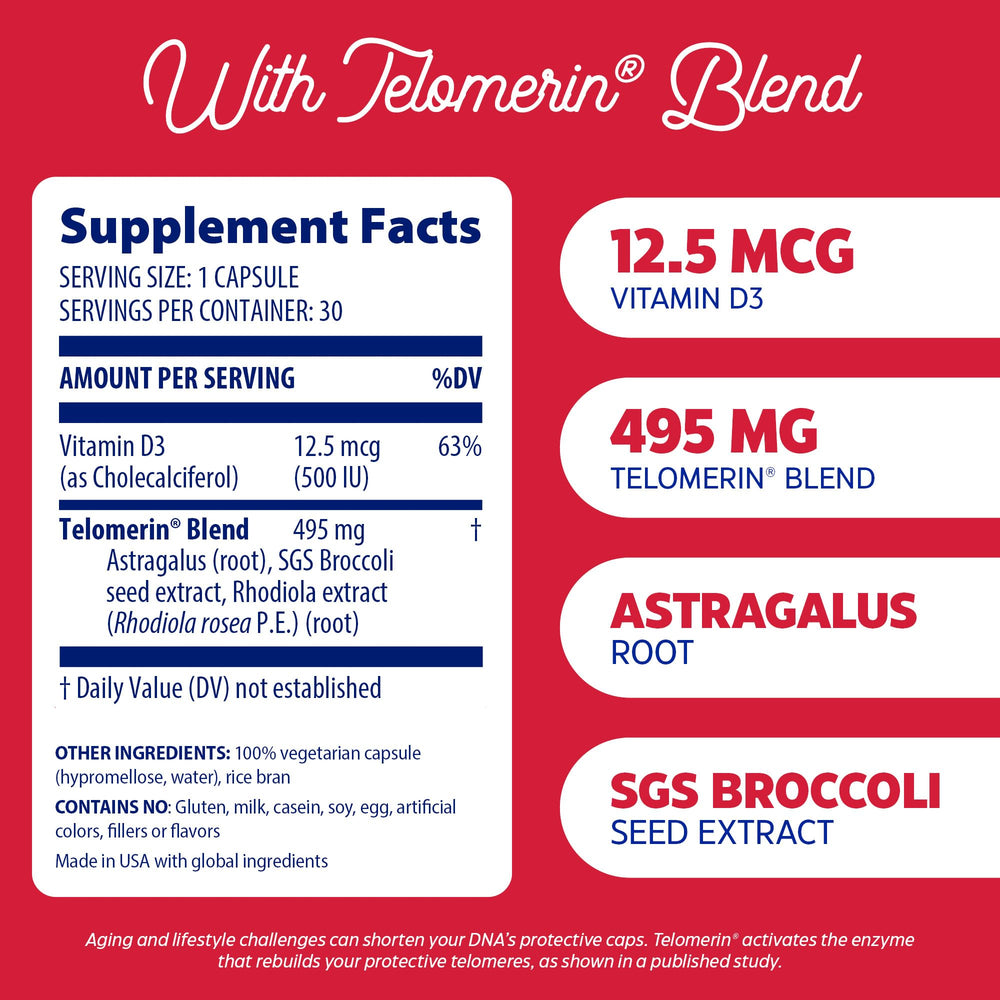 Close detail of Enzymedica Telomere Plus label and ingredients.