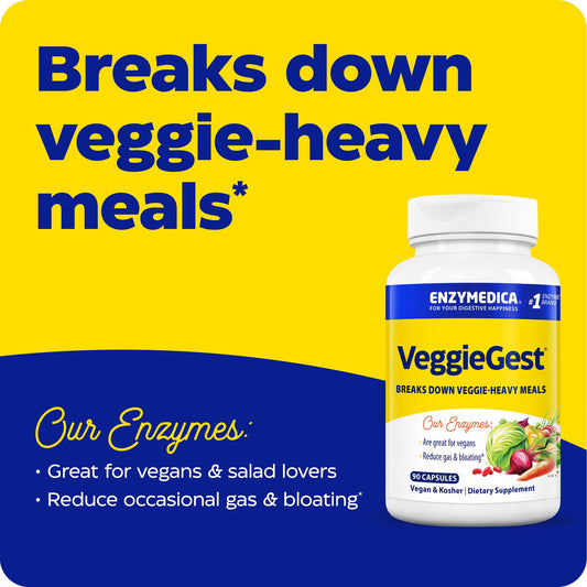 Close-up of VeggieGest capsules highlighting the 12-enzyme blend