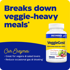 Close-up of VeggieGest capsules highlighting the 12-enzyme blend