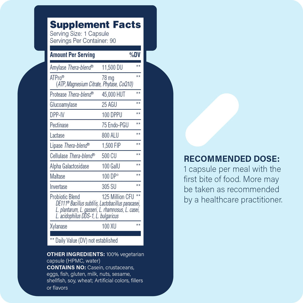 Close-up of Enzyme Science Complete Digestion capsules, vegetarian formula.