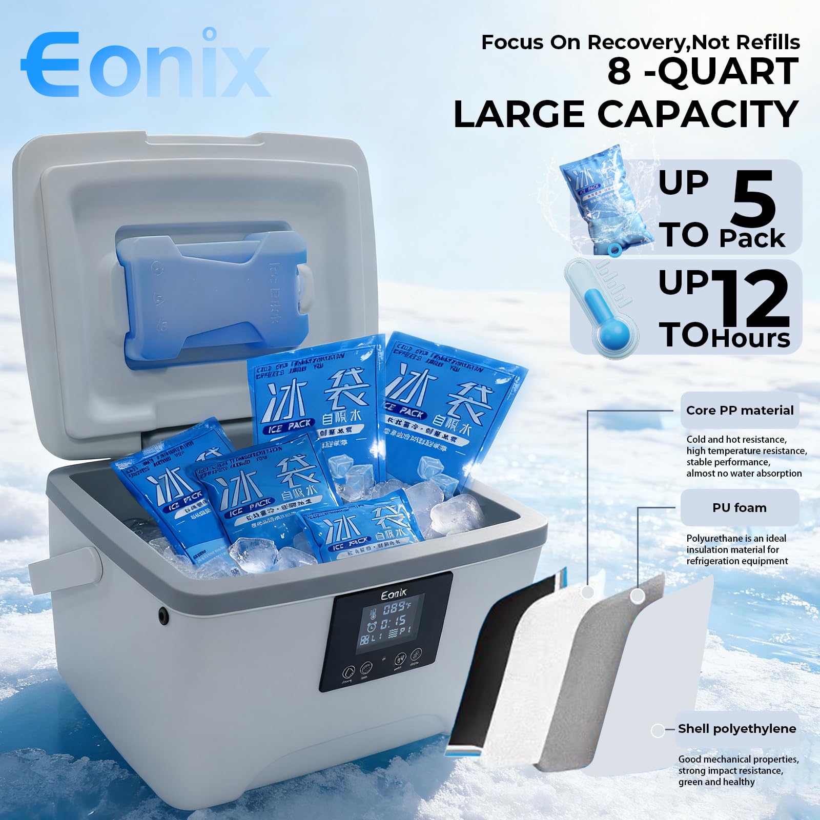EONIX remote control display with programmable timer and flow options.