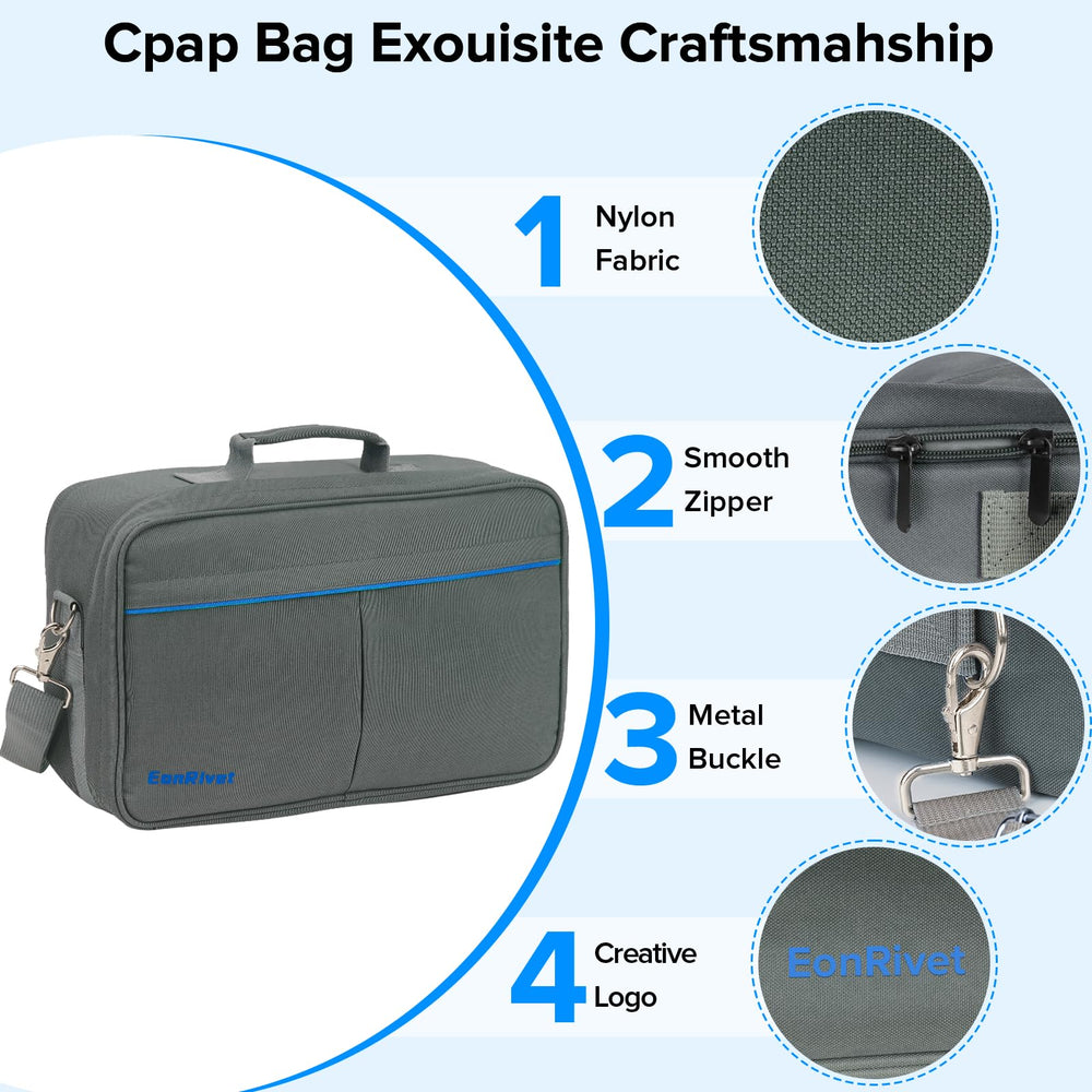 EonRivet CPAP bag top handle and adjustable strap for flexible carrying