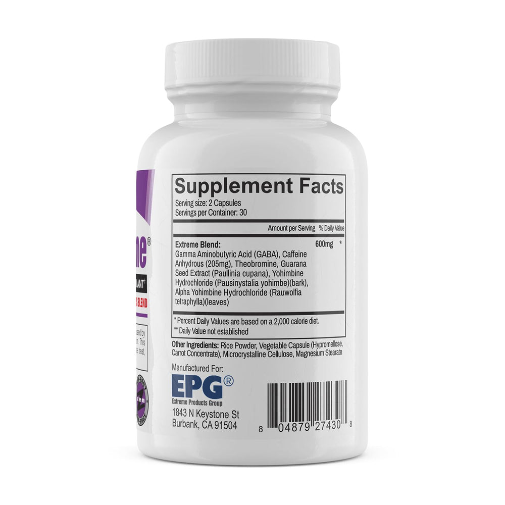 EPG Oxy Xtreme bottle back with serving guidance and ingredients