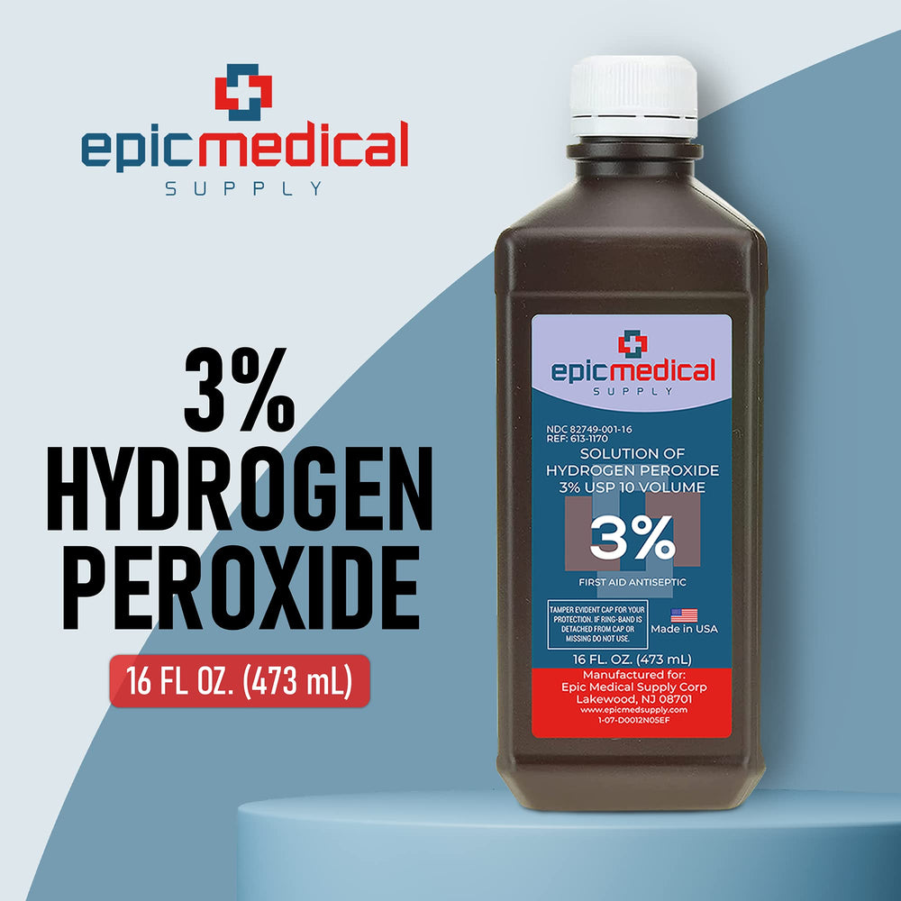 Epic Medical Supply H2O2 3% label closeup emphasizes purity and quality.