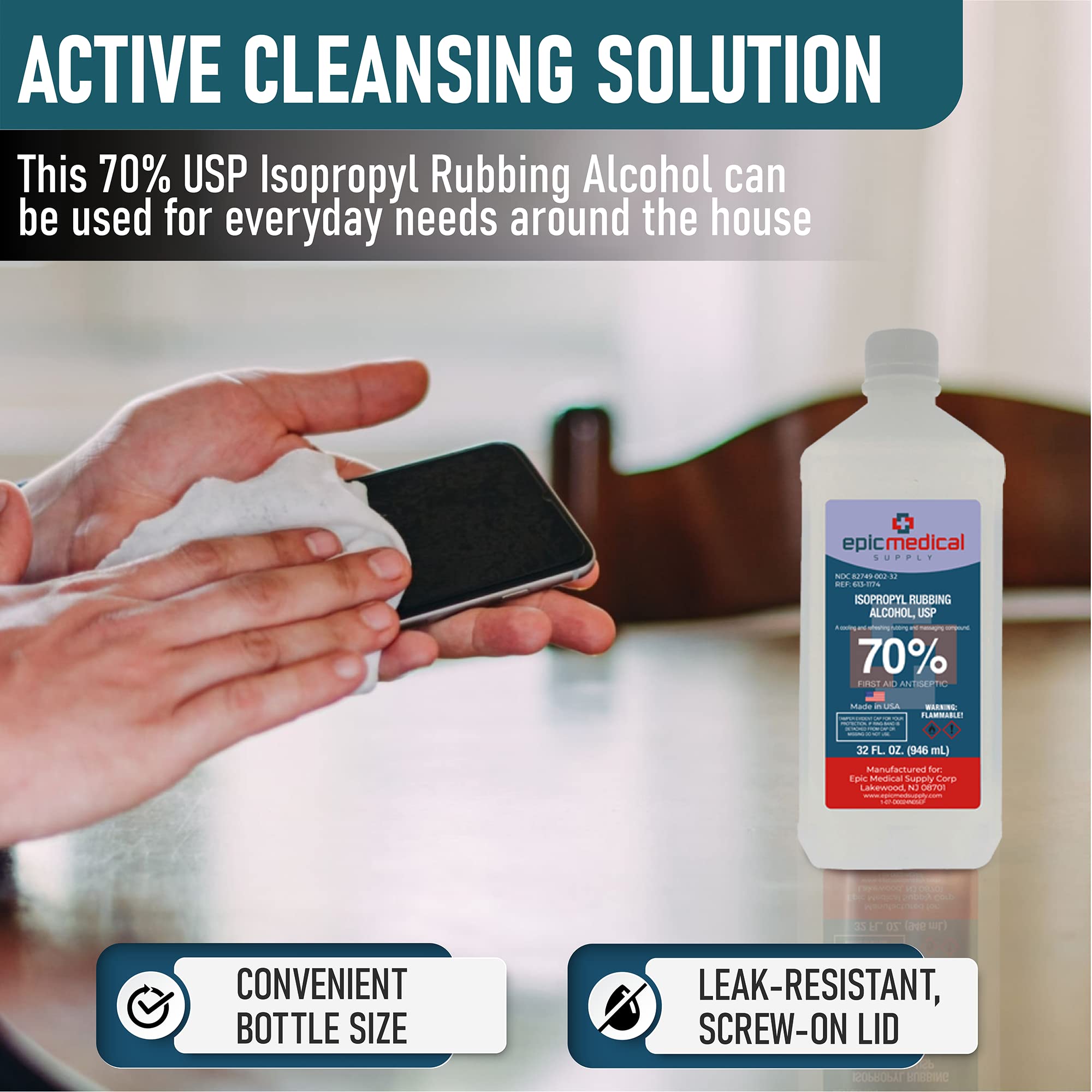 Epic Medical Supply Isopropyl Alcohol 70% bottle in clinical use setup
