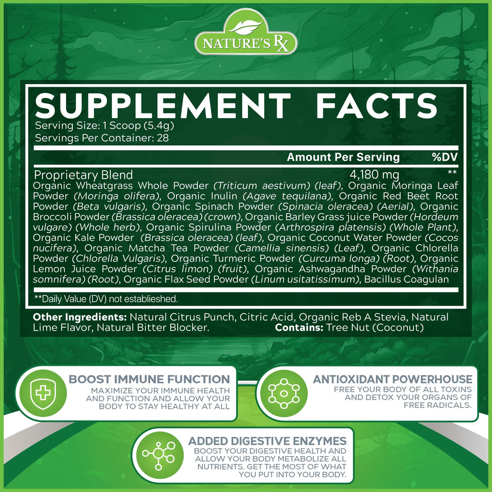 Nature's RX greens-reds scoop with bottle for daily use.