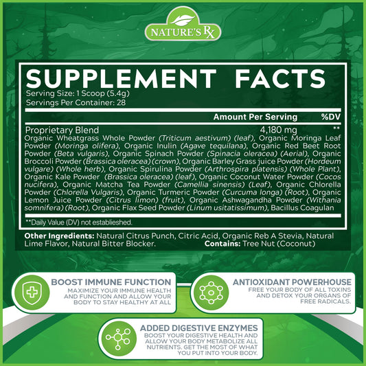 Nature's RX greens-reds scoop with bottle for daily use.