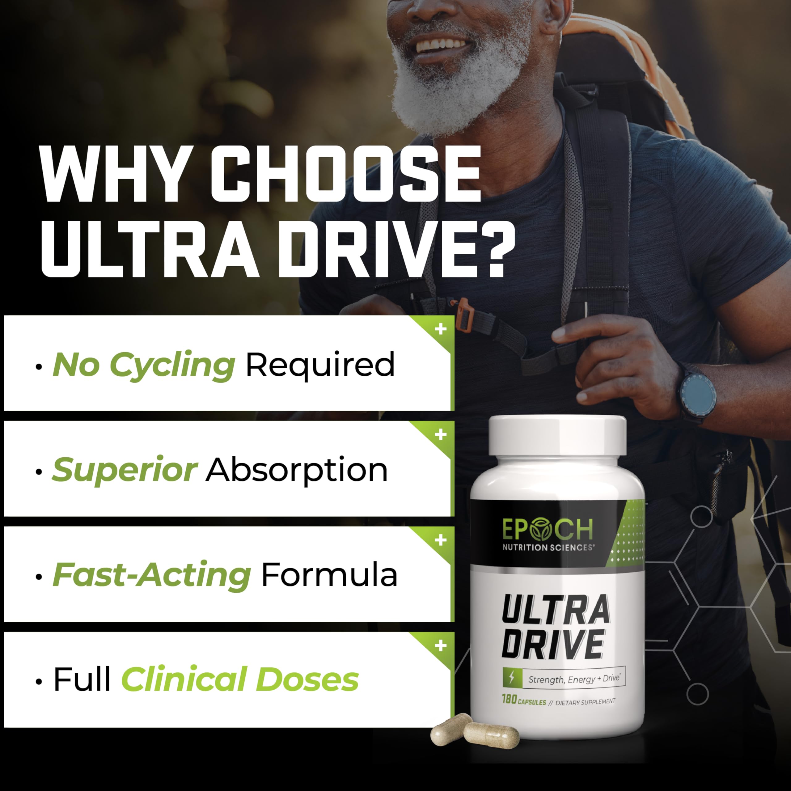 Epoch Nutrition Ultra Drive label close-up emphasizing natural ingredients for clean energy