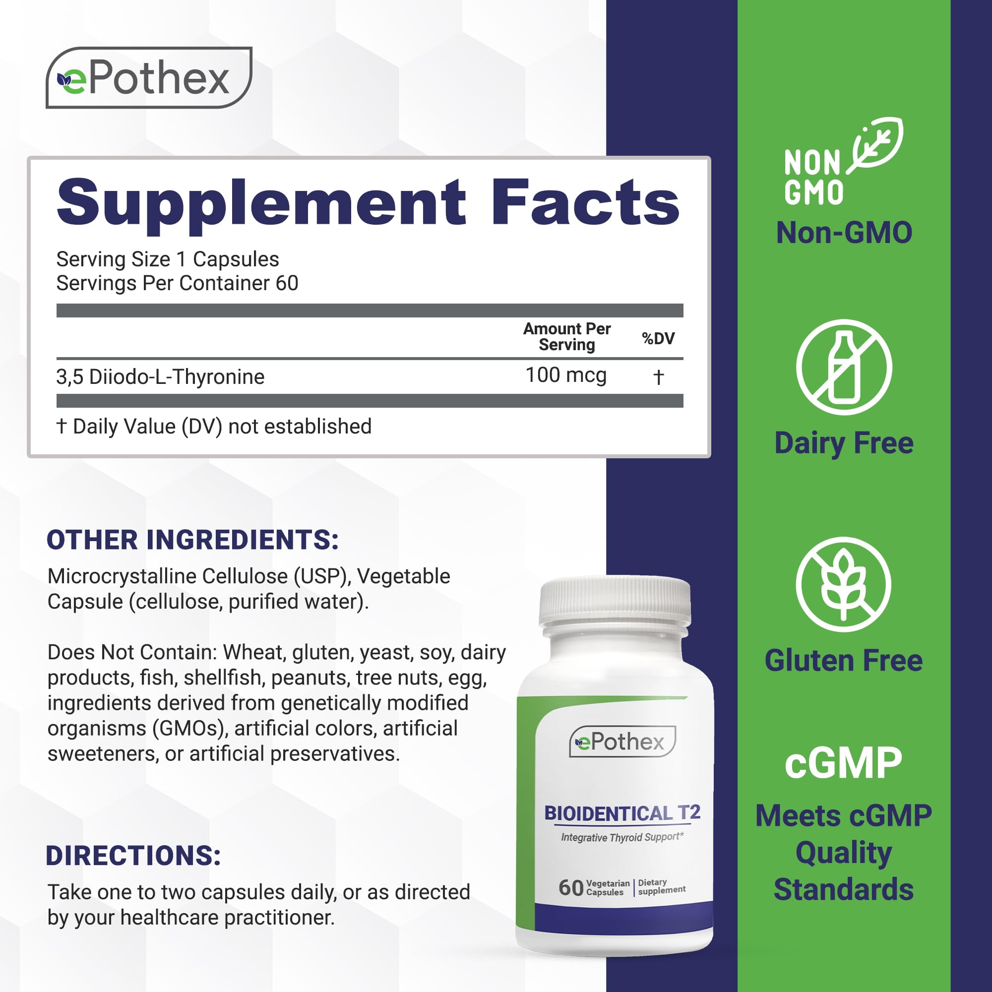 EPOTHEX Bioidentical T2 bottle label highlighting key features