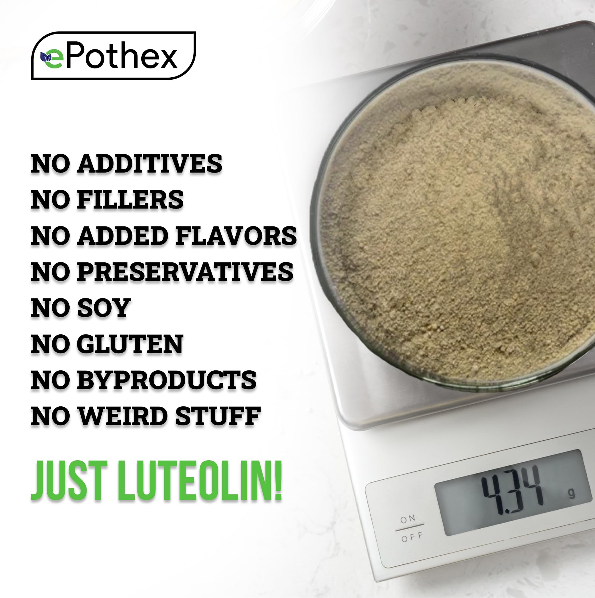 Close-up of Epothex Pure Luteolin Powder texture for easy dosing.