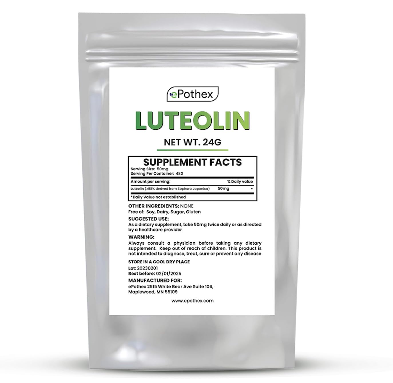 Epothex Pure Luteolin Powder jar for daily supplement use.