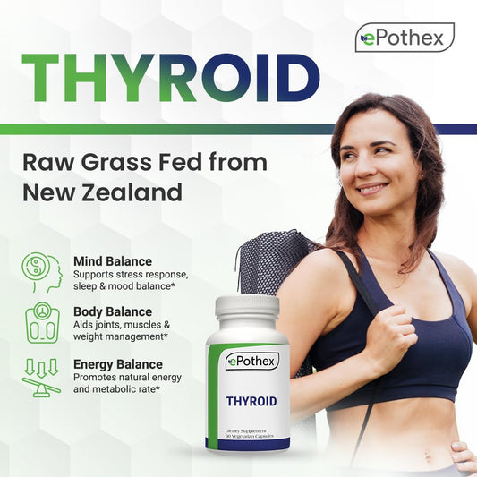 EPOTHEX Raw Grass-Fed Desiccated Bovine Thyroid capsules closeup shows easy-to-swallow form