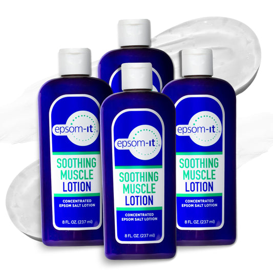 EPSOM-IT soothing muscle lotion bottle closeup showing fast absorbing formula