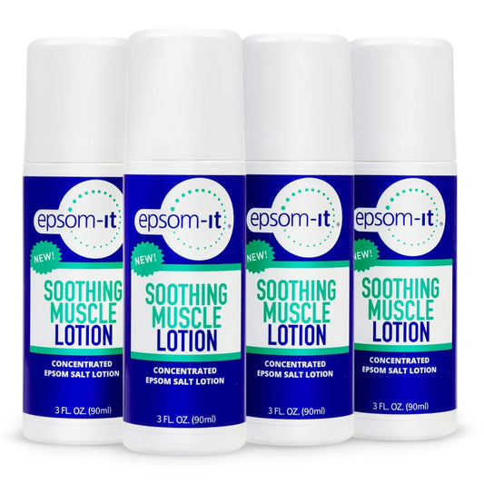 EPSOM-IT Soothing Muscle Lotion roll-on bottle targets fatigued muscles for quick relief.