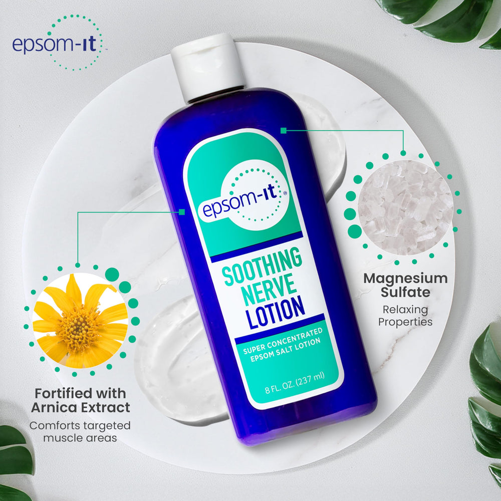 Epsom-It lotion on knee area illustrates support for mobility and daily routines.