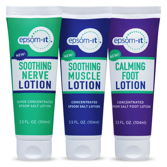 EPSOM-IT Starter Pack tubes and bottle closeup for convenient foot and muscle care.