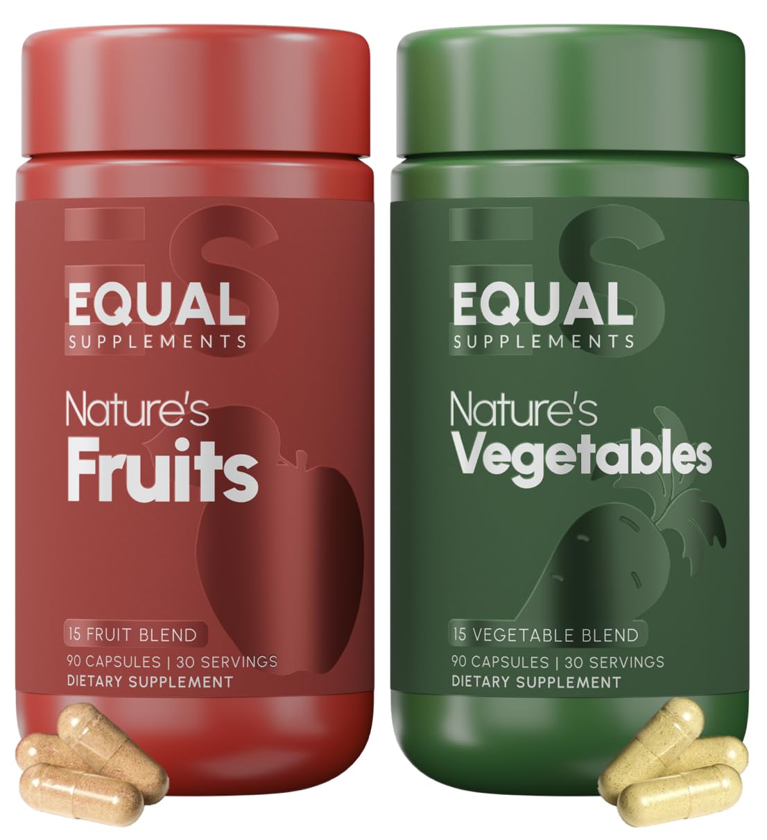 Equal Supplements fruits-vegetables-bottle-pour shows a convenient daily capsule routine for balanced nutrition.