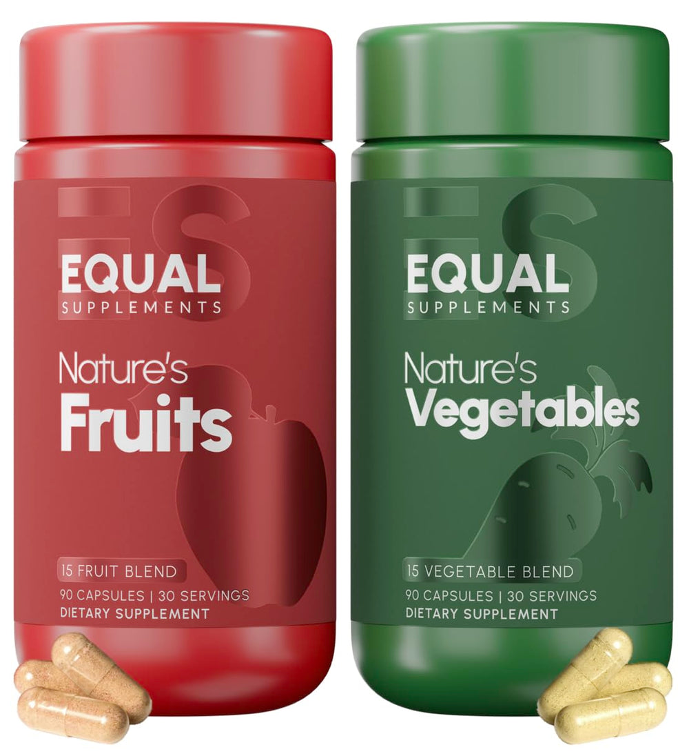 Equal Supplements fruits-vegetables-bottle-pour shows a convenient daily capsule routine for balanced nutrition.