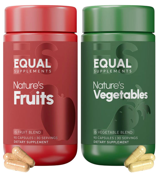 Equal Supplements fruits-vegetables-bottle-pour shows a convenient daily capsule routine for balanced nutrition.