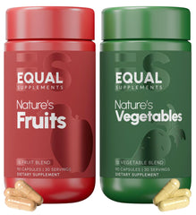 Equal Supplements fruits-vegetables-bottle-pour shows a convenient daily capsule routine for balanced nutrition.