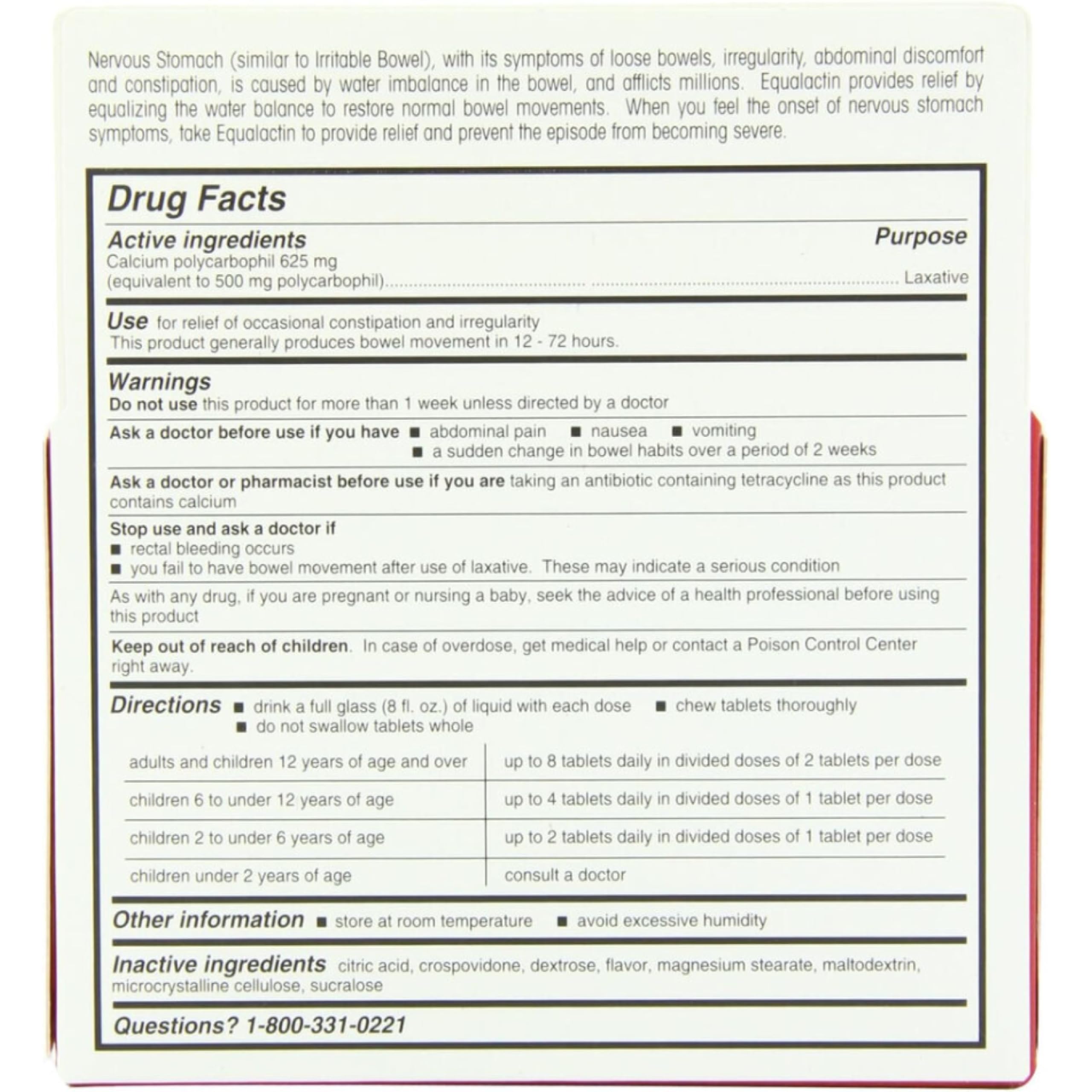 Label close-up on Equalactin chewable tablets showing citrus flavor.