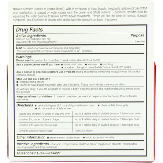 Label close-up on Equalactin chewable tablets showing citrus flavor.