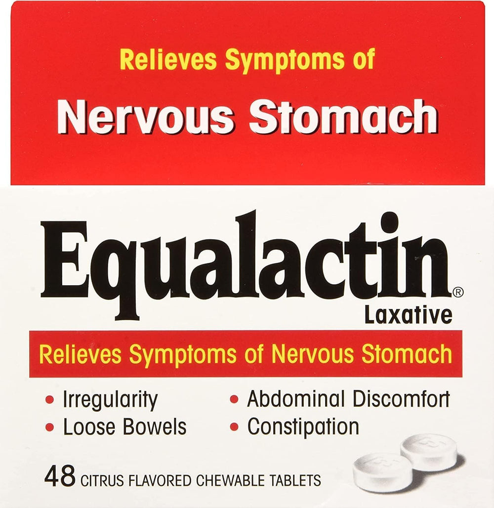 Equalactin chewable tablets pack-front view for easy, on-the-go relief.