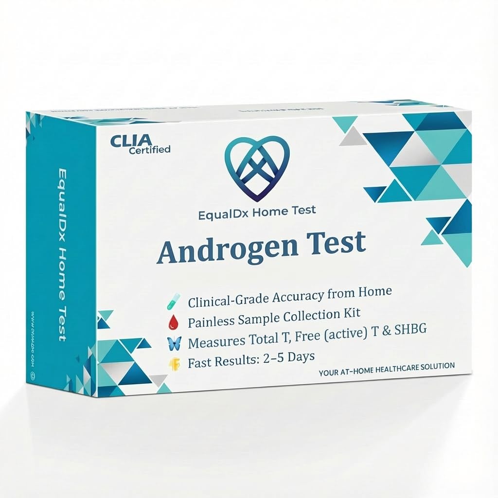 EqualDx 3-in-1 androgen test kit packaging shown for discreet wellness tracking.