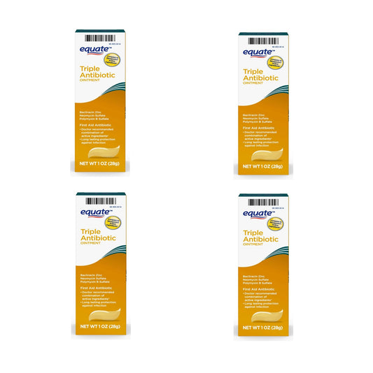 Applying Equate First Aid Triple Ointment to skin shields and soothes minor scrapes.